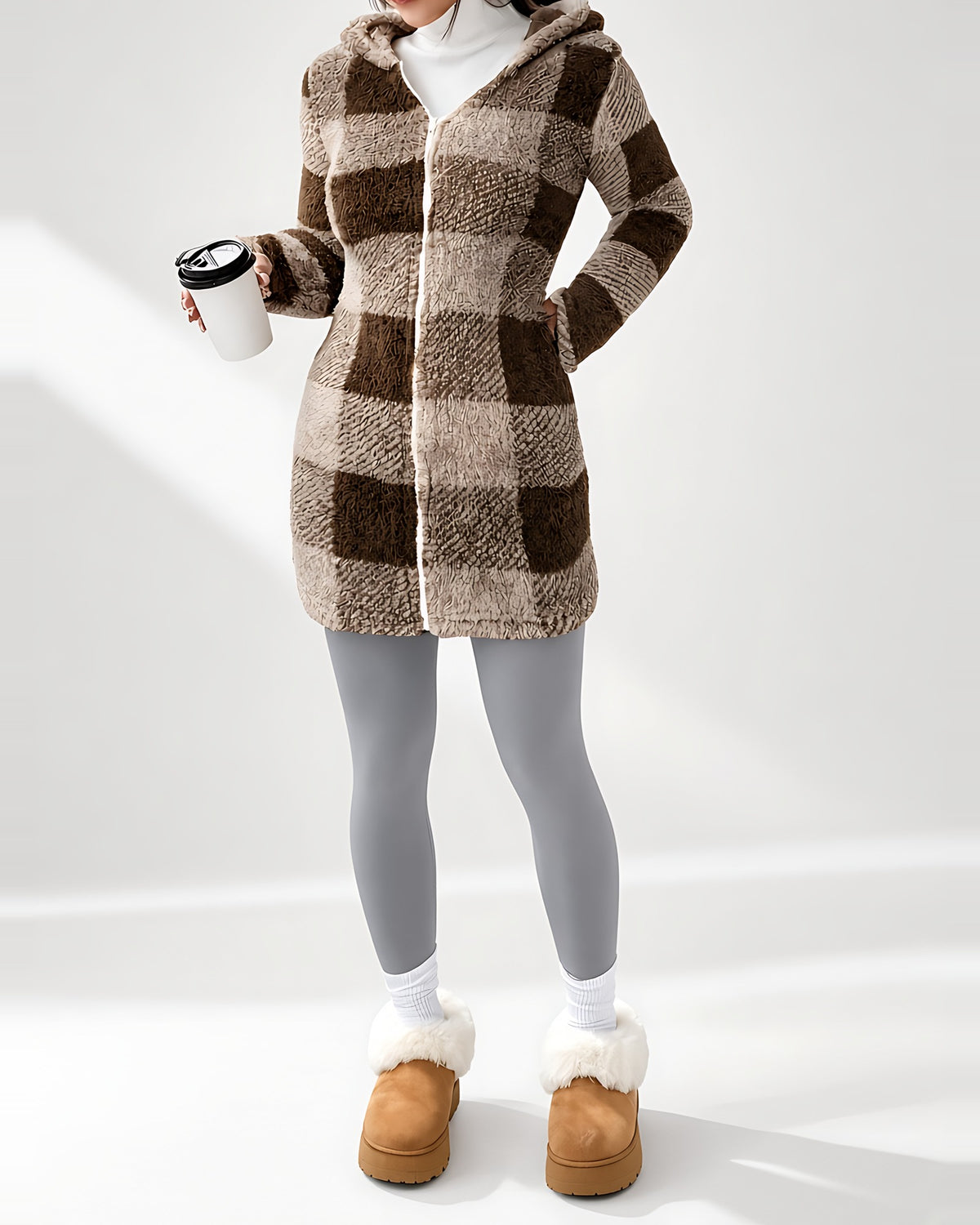 Women's Longline Checked Teddy Coat in Coffee – front