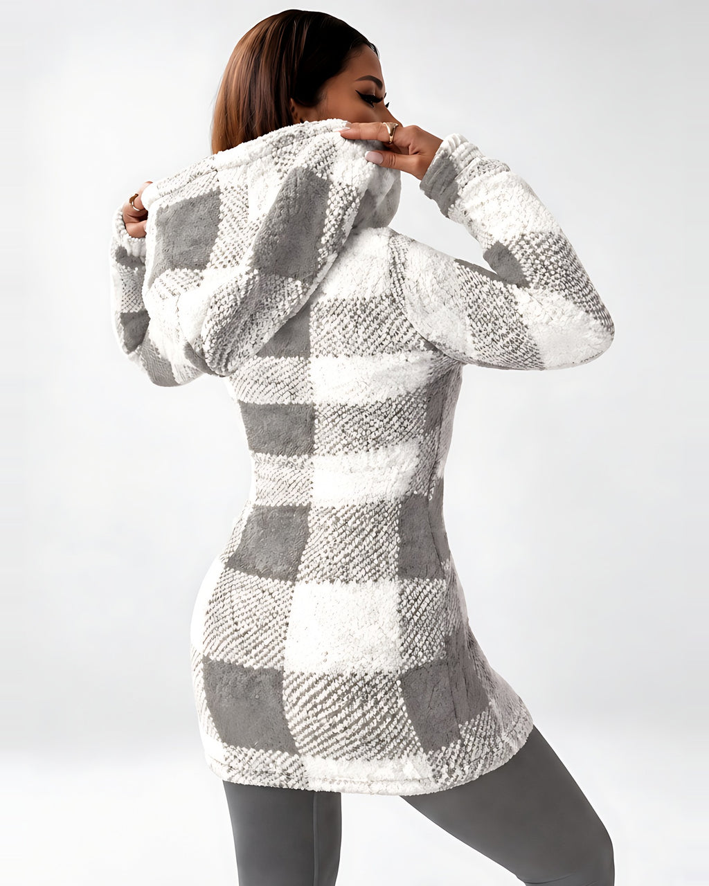 Women's Longline Checked Teddy Coat in Grey – back