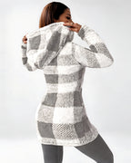 Women's Longline Checked Teddy Coat in Grey – back