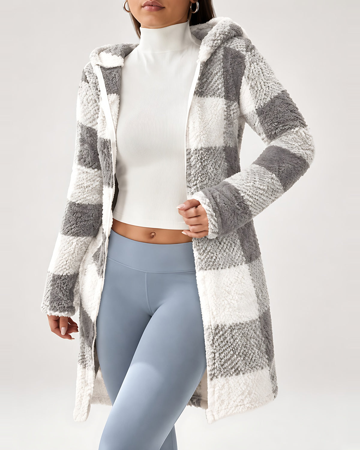 Women's Longline Checked Teddy Coat in Grey – front open close-up
