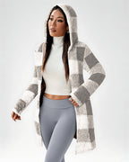 Women's Longline Checked Teddy Coat in Grey – front open