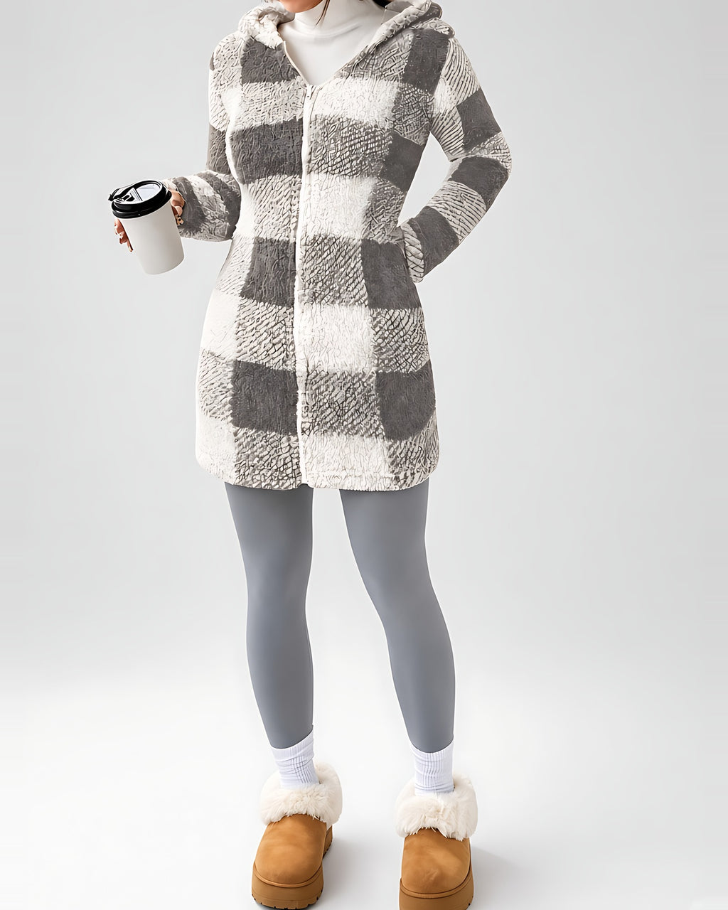Women's Longline Checked Teddy Coat in Grey – front