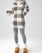 Women's Longline Checked Teddy Coat in Grey – front
