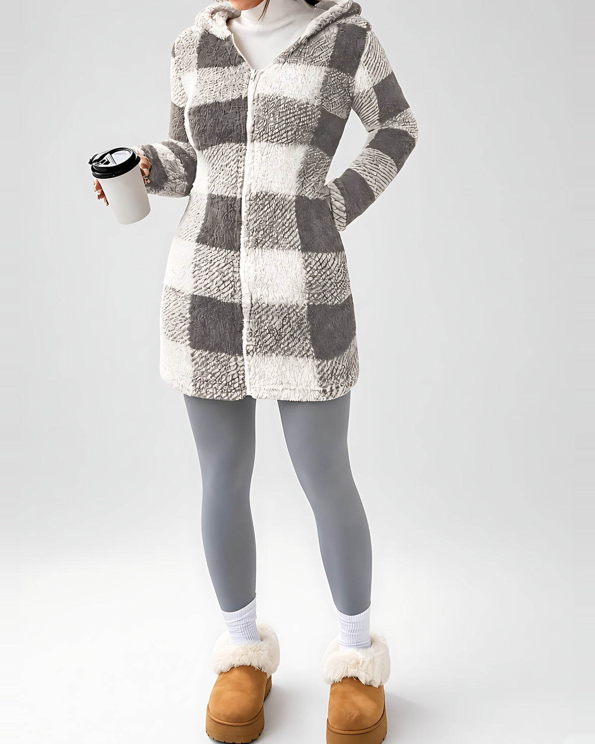 Women's Longline Checked Teddy Coat in Grey – front