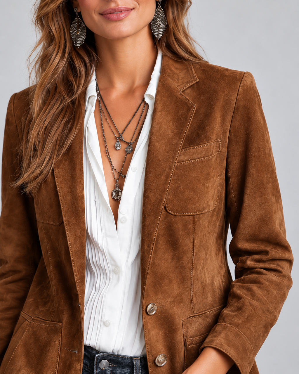 Women's Brown Suede Style Blazer with Notch Lapel and Chest Pocket