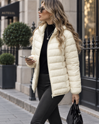 Women's Quilted Puffer Jacket with Hood and Zip Front
