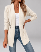 Women's Longline Knit Cardigan with Shawl Collar and Button Tabs