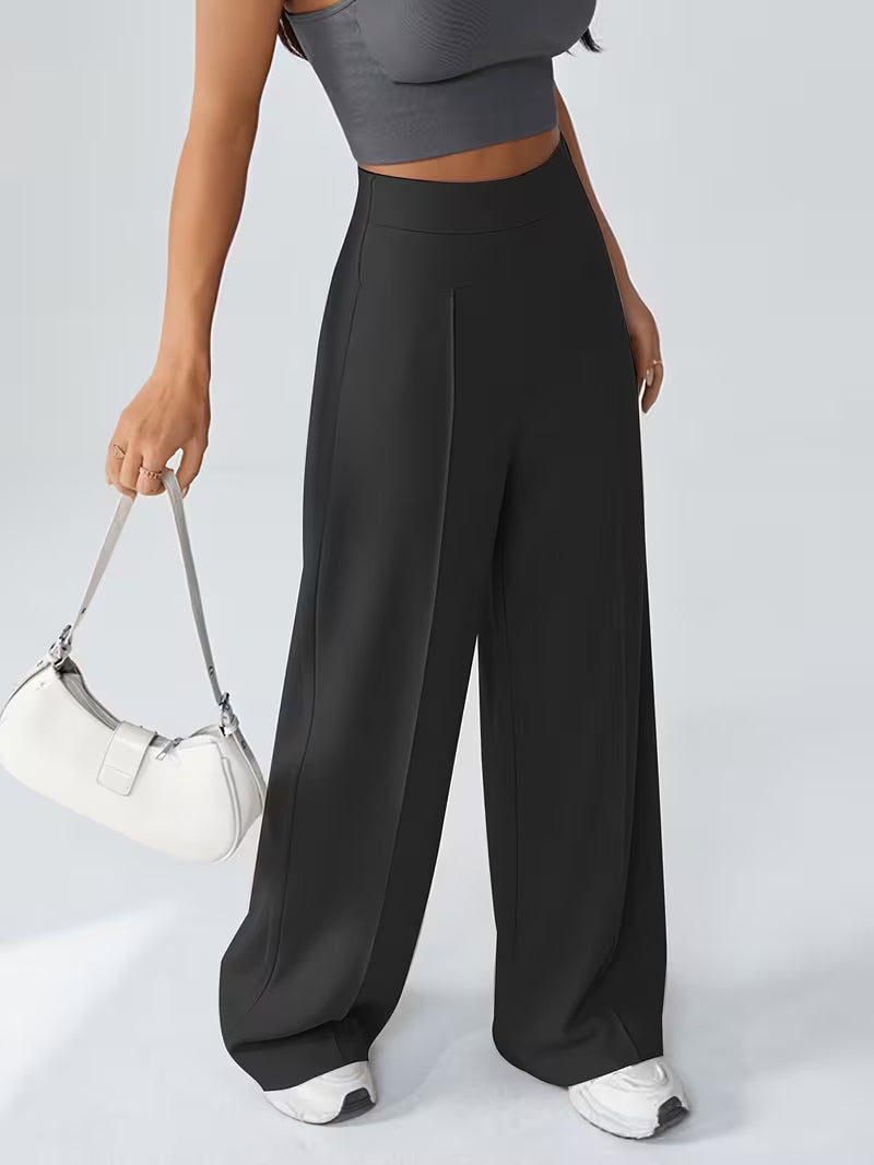 Women's High Waisted Wide Leg Trousers with Elasticated Waist and Side Pockets