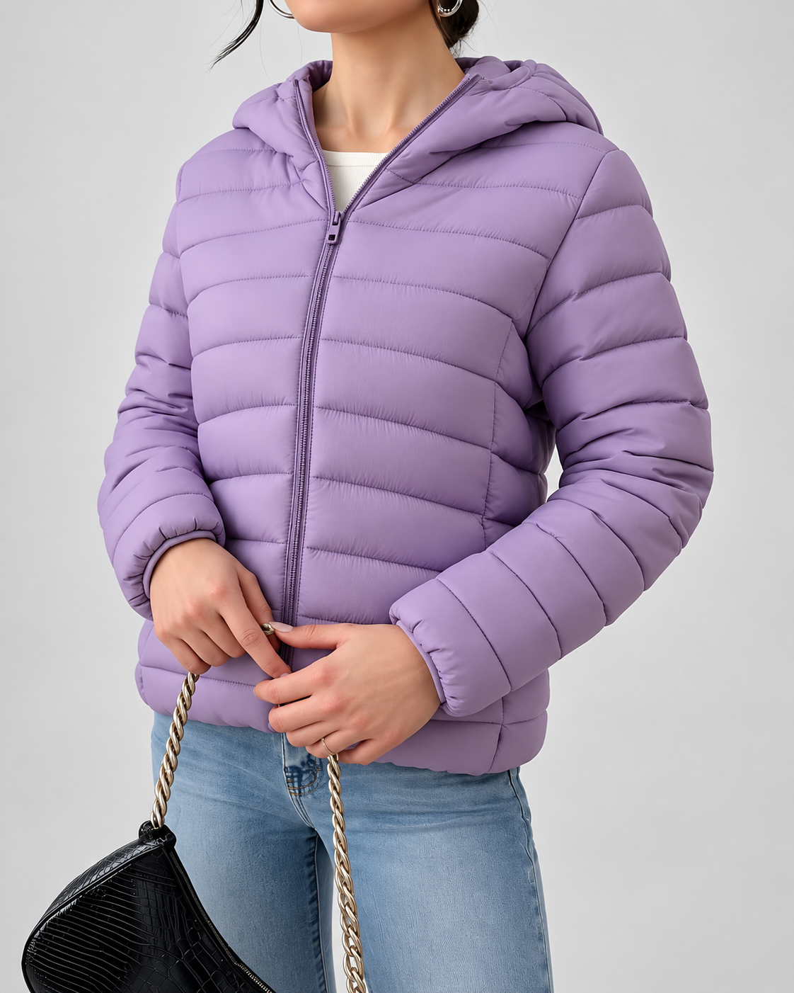Women's Slim Hooded Puffer Jacket with Zip Front