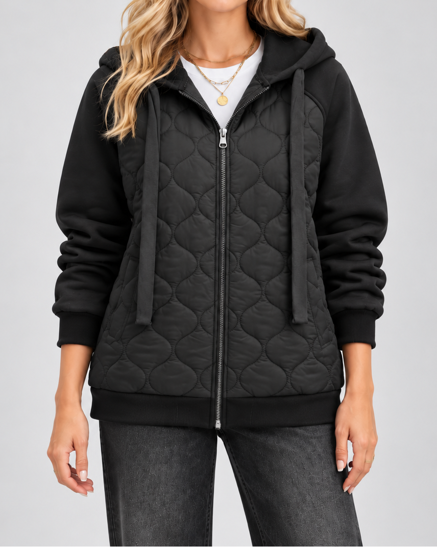 Women's Oversized Quilted Jacket with Fleece Hood and Zip Front