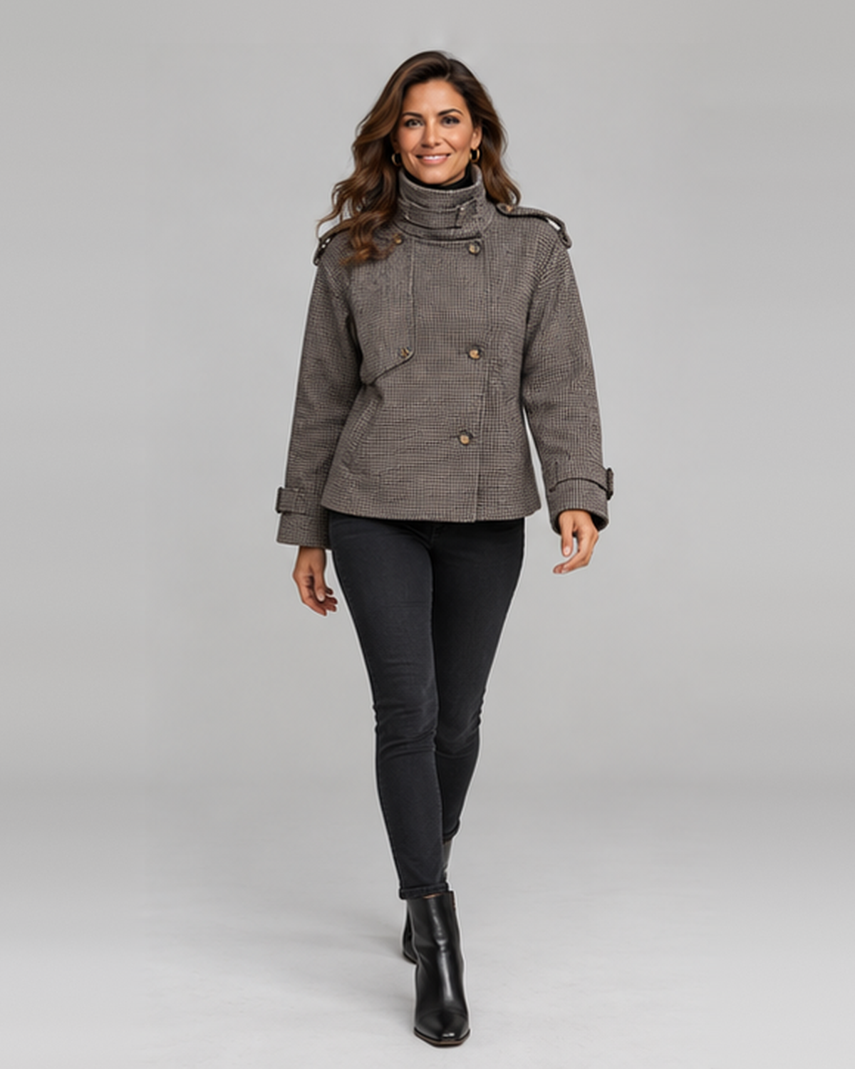 Women's Houndstooth Tweed Jacket with Double Breasted Front and Belt