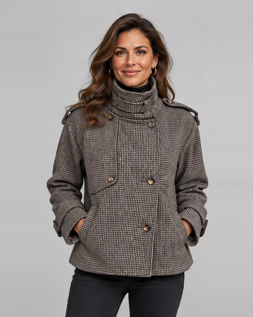 Women's Houndstooth Tweed Jacket with Double Breasted Front and Belt