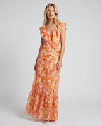 Coral chiffon v-neck ruffle-sleeve cocktail maxi dress