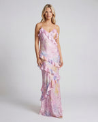 Floral chiffon tiered maxi slip dress - pink front