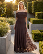 Chocolate brown chiffon off-shoulder maxi dress - lifestyle