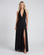 Satin v-neck maxi slip dress - black front
