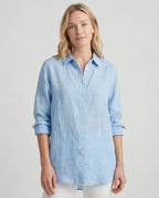 Light blue linen v-neck long-sleeve button-down blouse