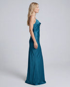 Teal satin cowl-neck maxi slip dress - blue side