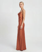 Brown satin cowl-neck maxi slip dress - side