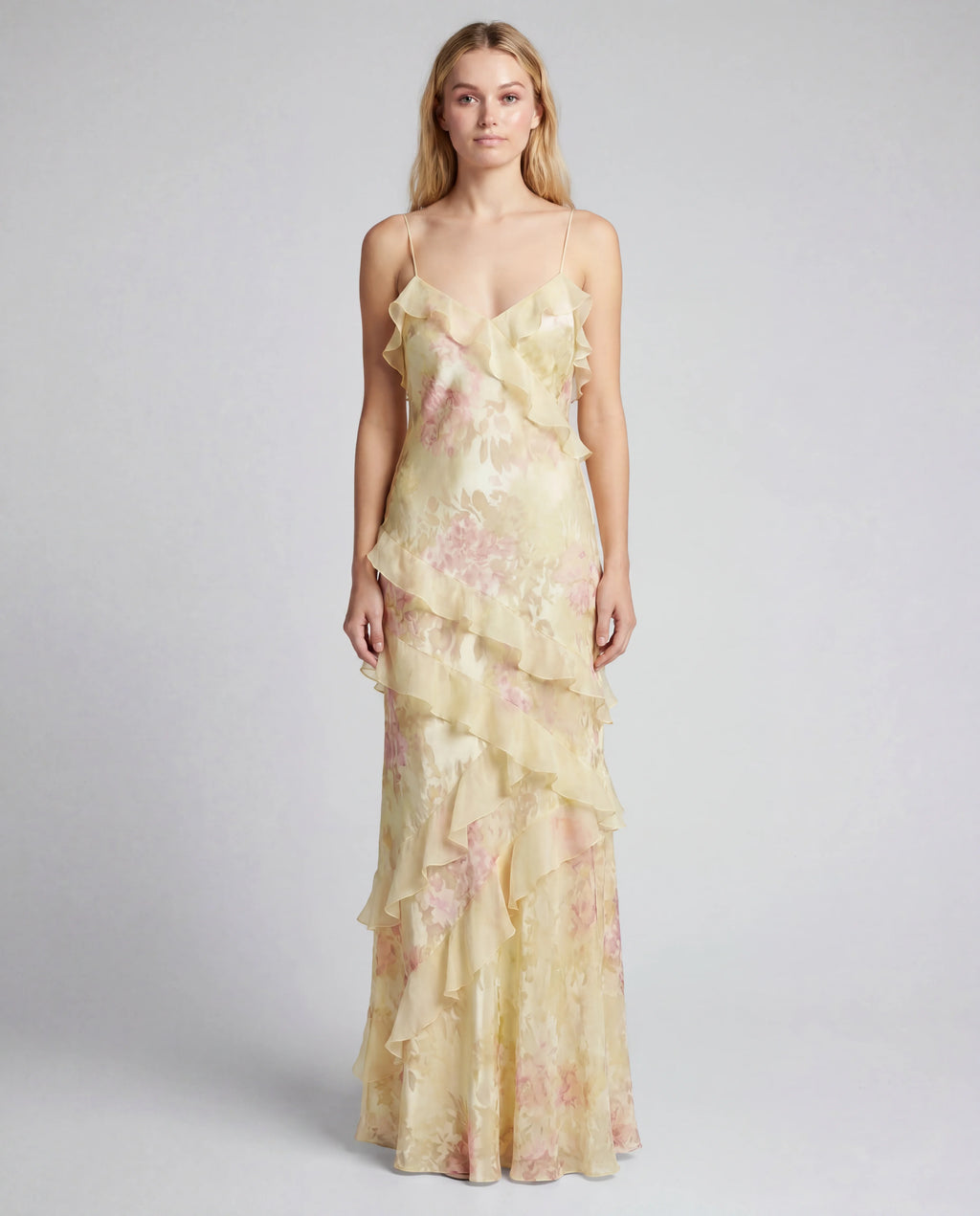Pale yellow floral chiffon spaghetti-strap tiered wedding guest maxi slip dress