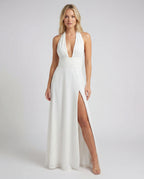 Navy satin v-neck evening maxi slip dress with side slit