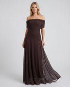 Chocolate brown chiffon off-shoulder ruffle wedding guest maxi dress