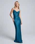Teal satin cowl-neck wedding guest maxi slip dress