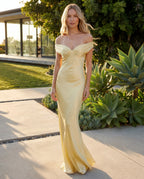 Butter yellow satin off-shoulder maxi slip dress - lifestyle view