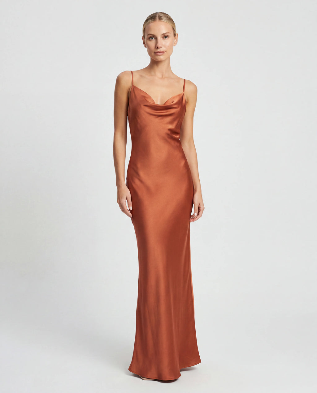 Brown satin cowl-neck maxi slip dress - front