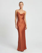 Brown satin cowl-neck maxi slip dress - front