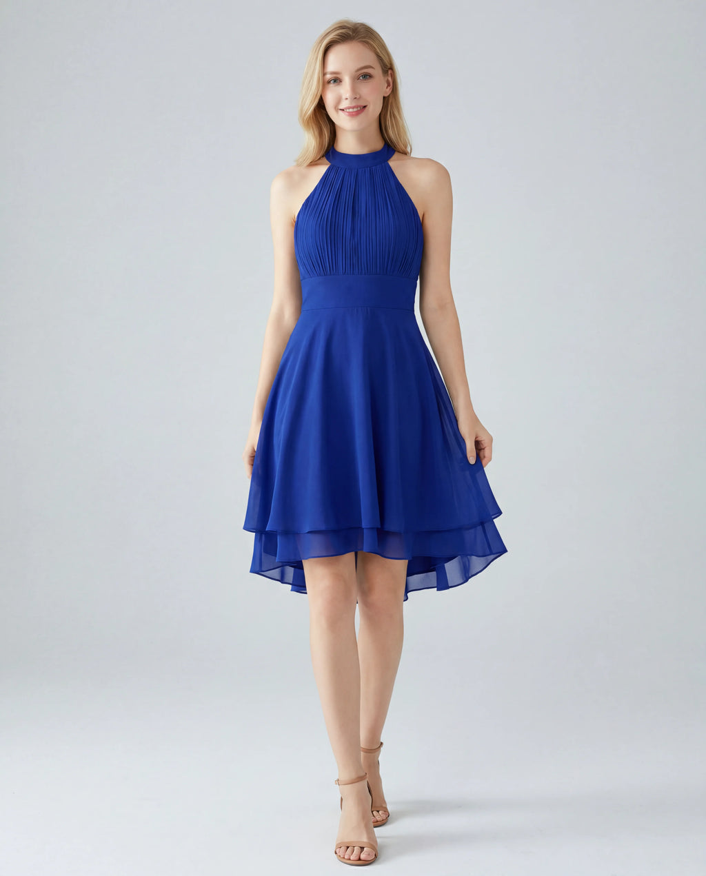 Chiffon halter midi dress - blue front