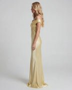 Butter yellow satin off-shoulder maxi slip dress - side view
