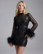 Sequin feather-trim mini dress - black front