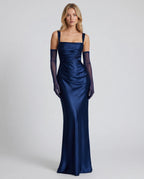 Chiffon strapless pleated ruffle maxi dress - navy blue front
