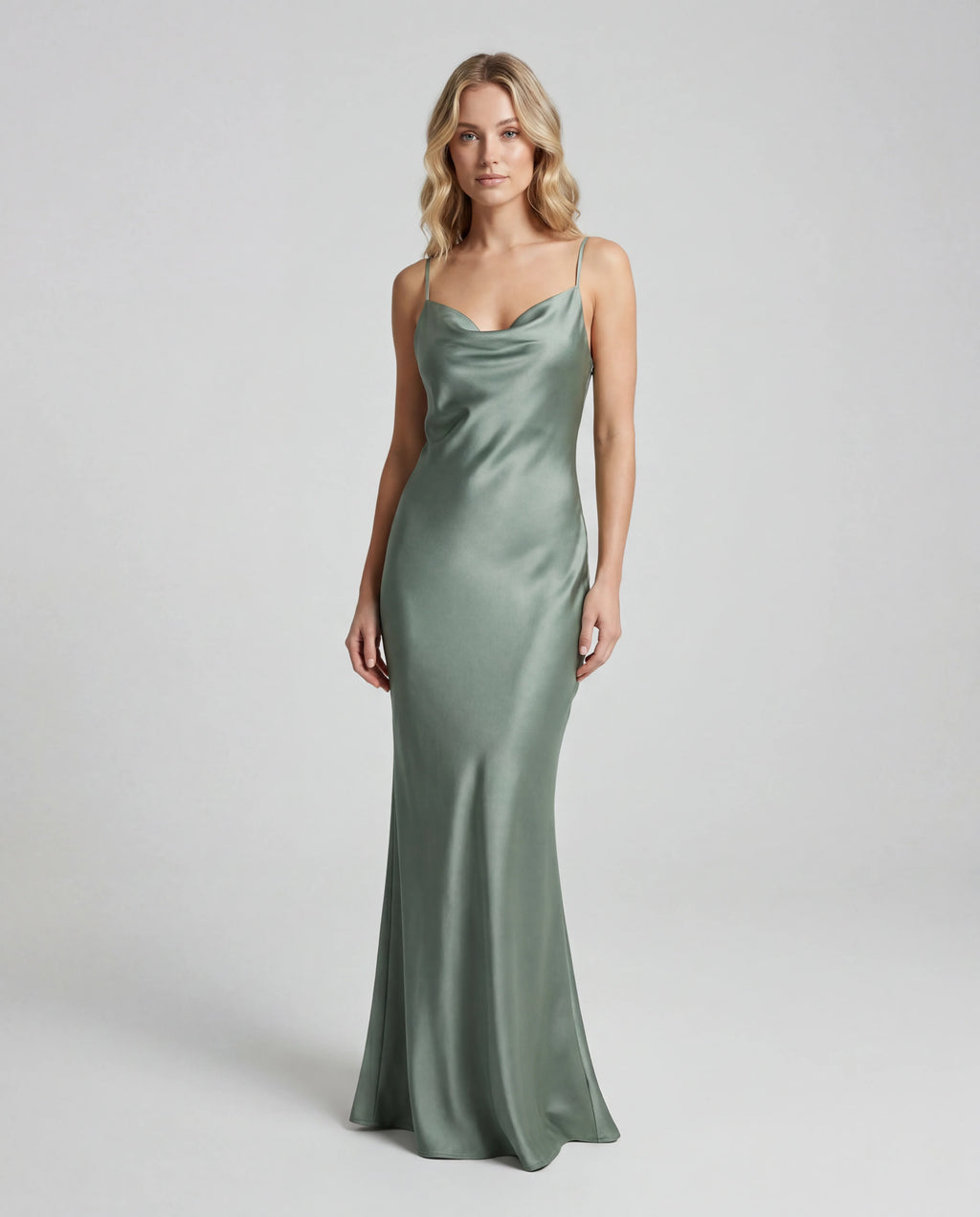 Green satin cowl-neck maxi slip dress - front