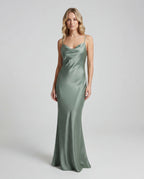 Green satin cowl-neck maxi slip dress - front
