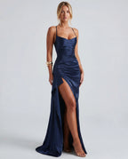 Navy satin sweetheart spaghetti-strap evening bodycon maxi dress with side slit