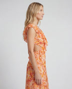 Coral chiffon v-neck ruffle-sleeve maxi dress - side