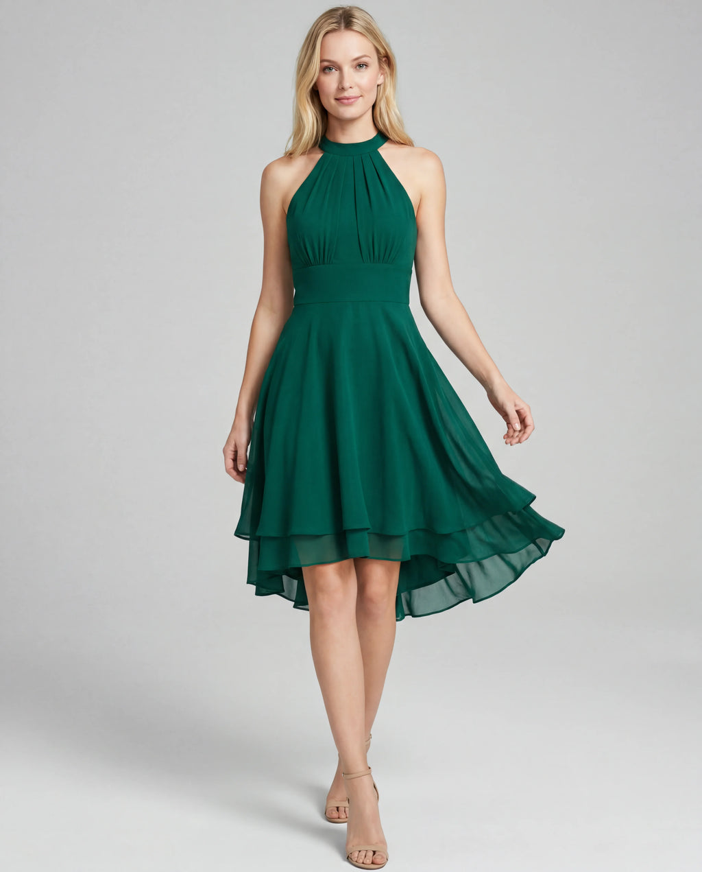 Chiffon halter midi dress - green front