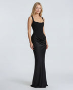 Black crepe square-neck bodycon evening maxi dress with ruched side