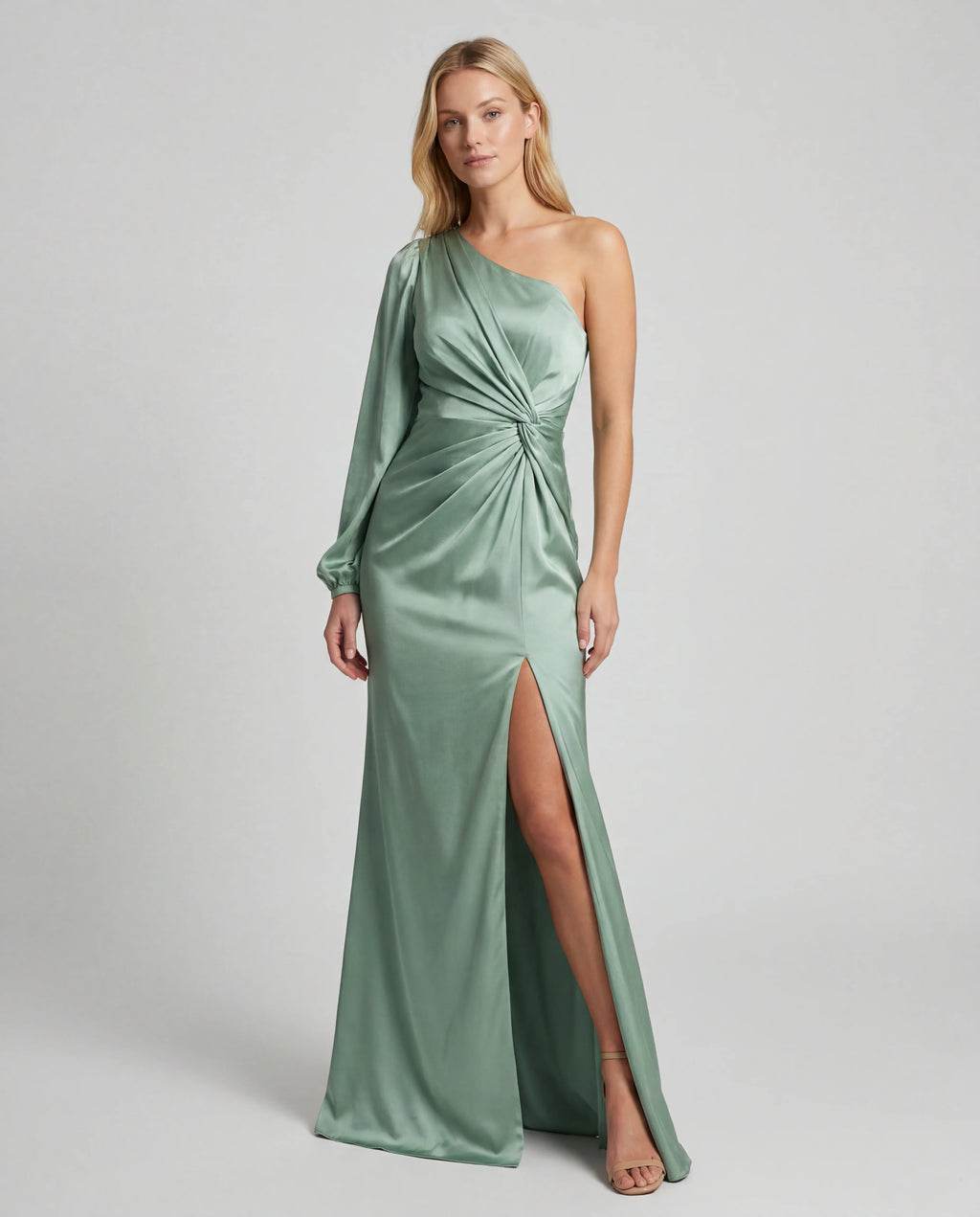 Square-neck ruched bodycon maxi dress - light green front