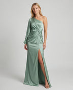 Square-neck ruched bodycon maxi dress - light green front