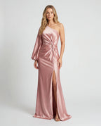 Blush pink square-neck ruched bodycon evening maxi dress