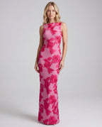 Magenta floral print square-neck bodycon evening maxi dress