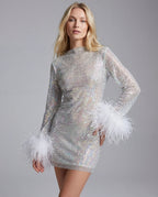 Silver sequin feather-trim long-sleeve party mini dress