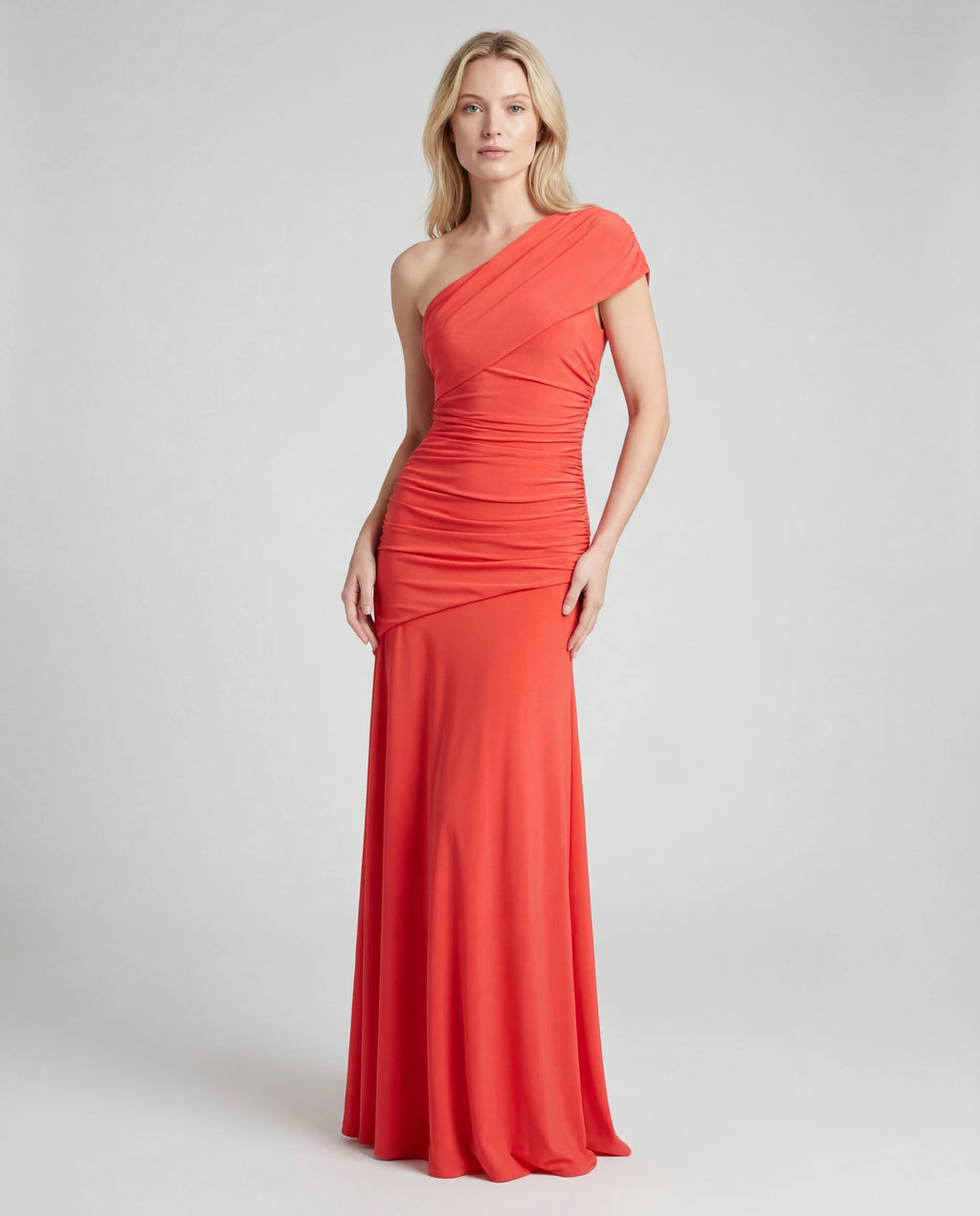 Coral one-shoulder ruched cocktail maxi dress with asymmetric hem