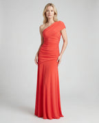 Coral one-shoulder ruched cocktail maxi dress with asymmetric hem