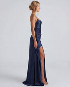 Navy satin sweetheart bodycon maxi dress - side