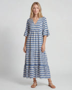 Blue geometric cotton linen halter flutter-sleeve summer midi dress