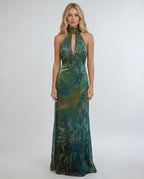 Emerald velvet halter keyhole evening maxi slip dress
